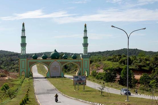 Road leading to a gate and oil palm plantations in Indonesia